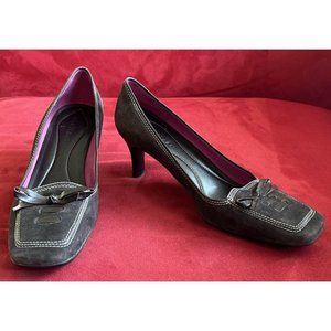 Cole Haan Women's Pumps Sz 8 Brown Suede Bows Chic Y2K Heels Square Toe VGC